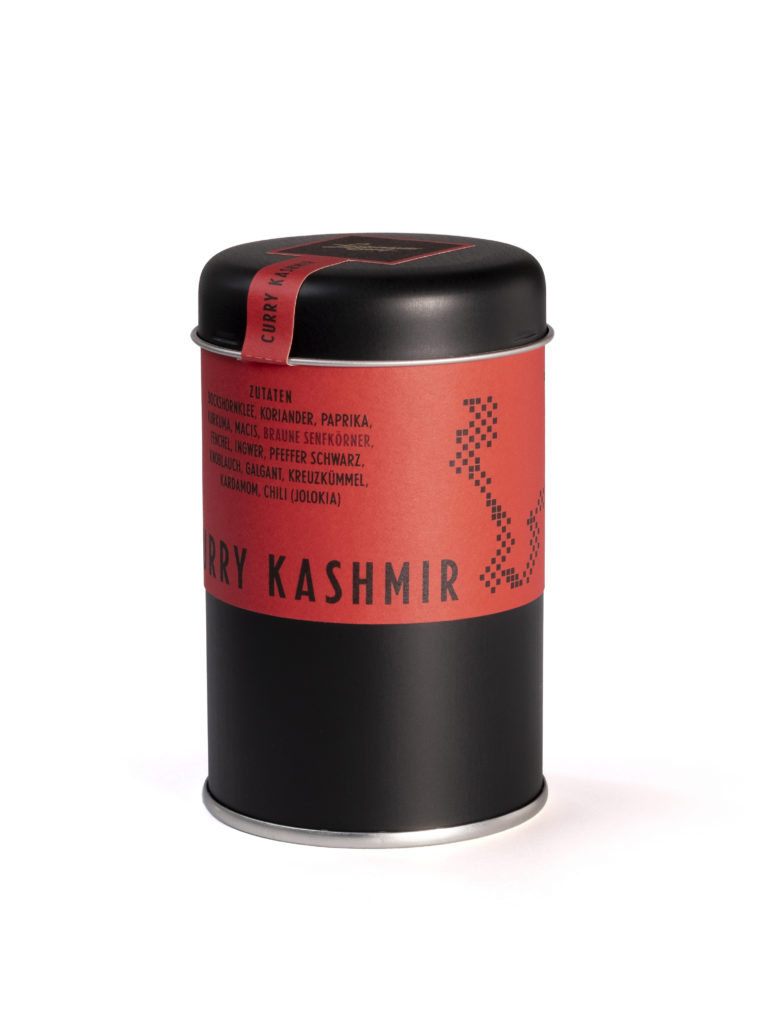 Verpackungsdesign für Lustenauer Senf Curry Gewürzedose. Sorte Kashmir - scharf